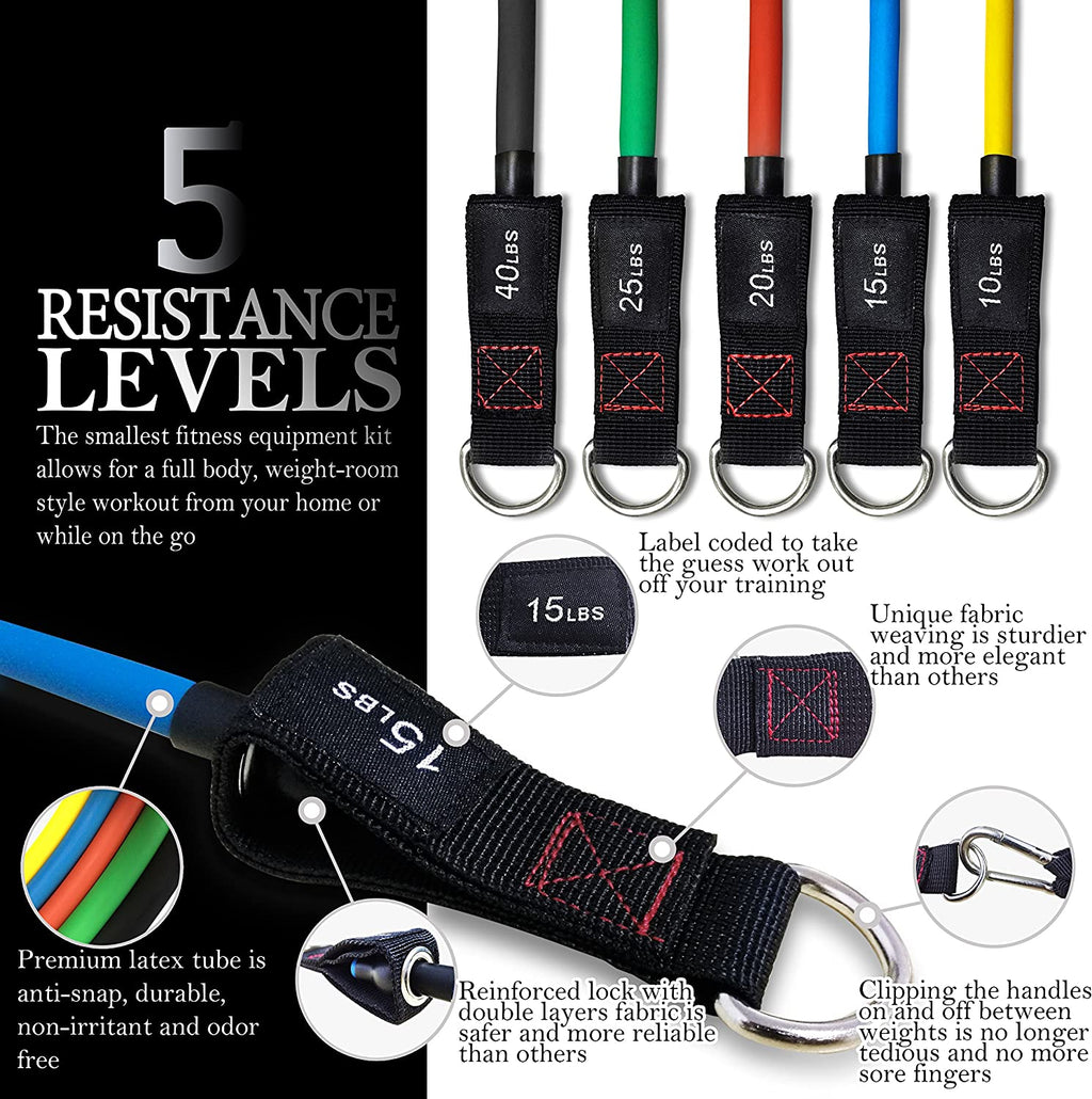 Exercise Resistance Bands with Handles - 5 Fitness Workout Bands Stackable up to 110 - 150 Lbs, Training Tubes with Large Handles, Ankle Straps, Door Anchor Attachment, Carry Bag