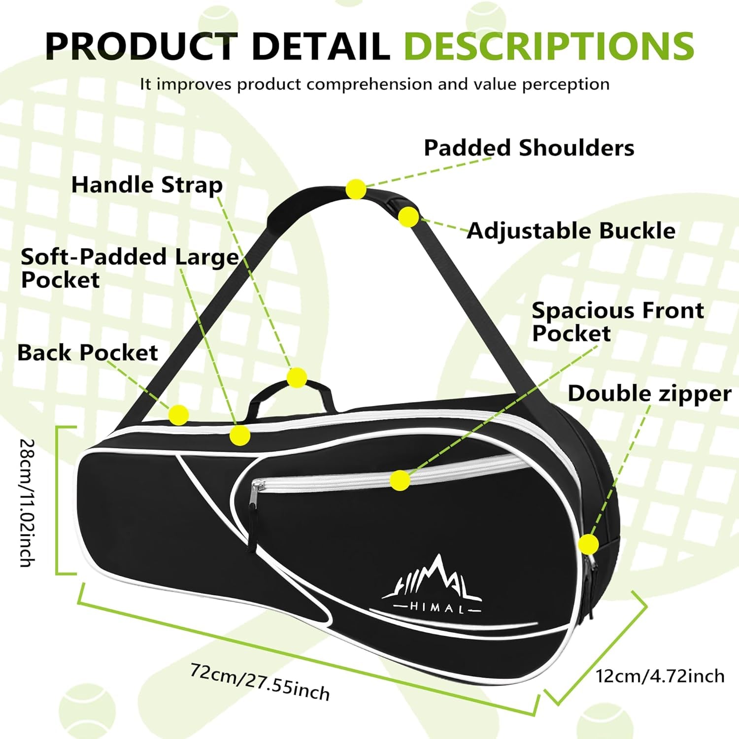 Himal 3 Racquet Tennis-Bag Premium Tennis-Racket-Bag with Protective Pad, Professional or Beginner Tennis Players, Lightweight Tennis Bag for All Ages,Black